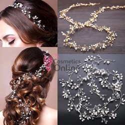 Accesoriu modern pentru decor par WED00M Argintiu cu cristale si perle de 50cm 